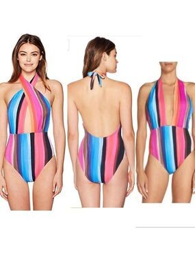 La Blanca Womens Wrap Front Keyhole One Piece Swimsuit pink blue striped Sz 10